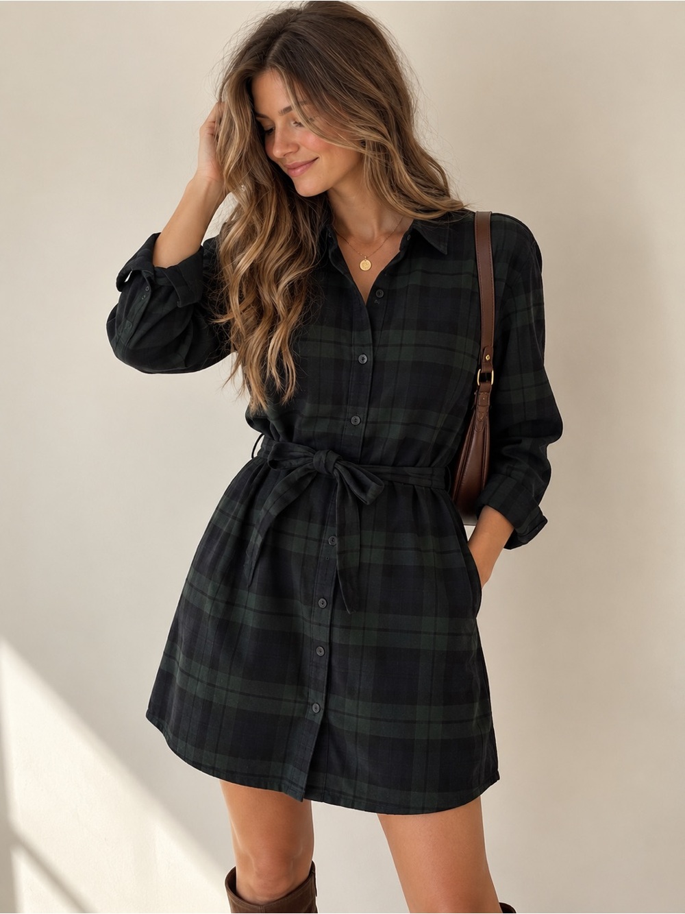 Abercrombie & Fitch Black Green Plaid Shirt Dress Tie Waist Mini Dress